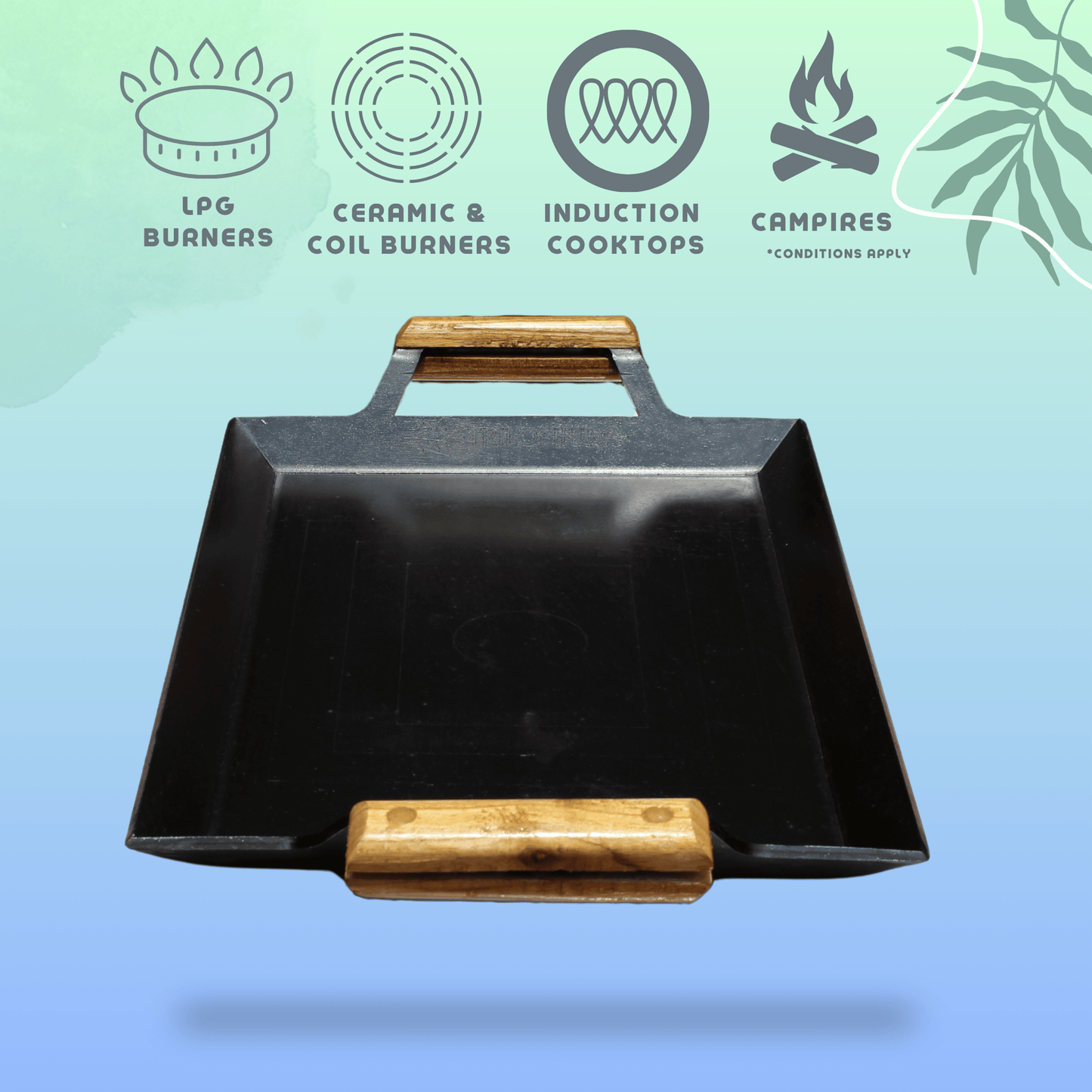 Trilonium Triple Seasoned Iron Rudra Multi Purpose Rectangular Griddle Tawa 44 x 30 cms with Wooden Handles