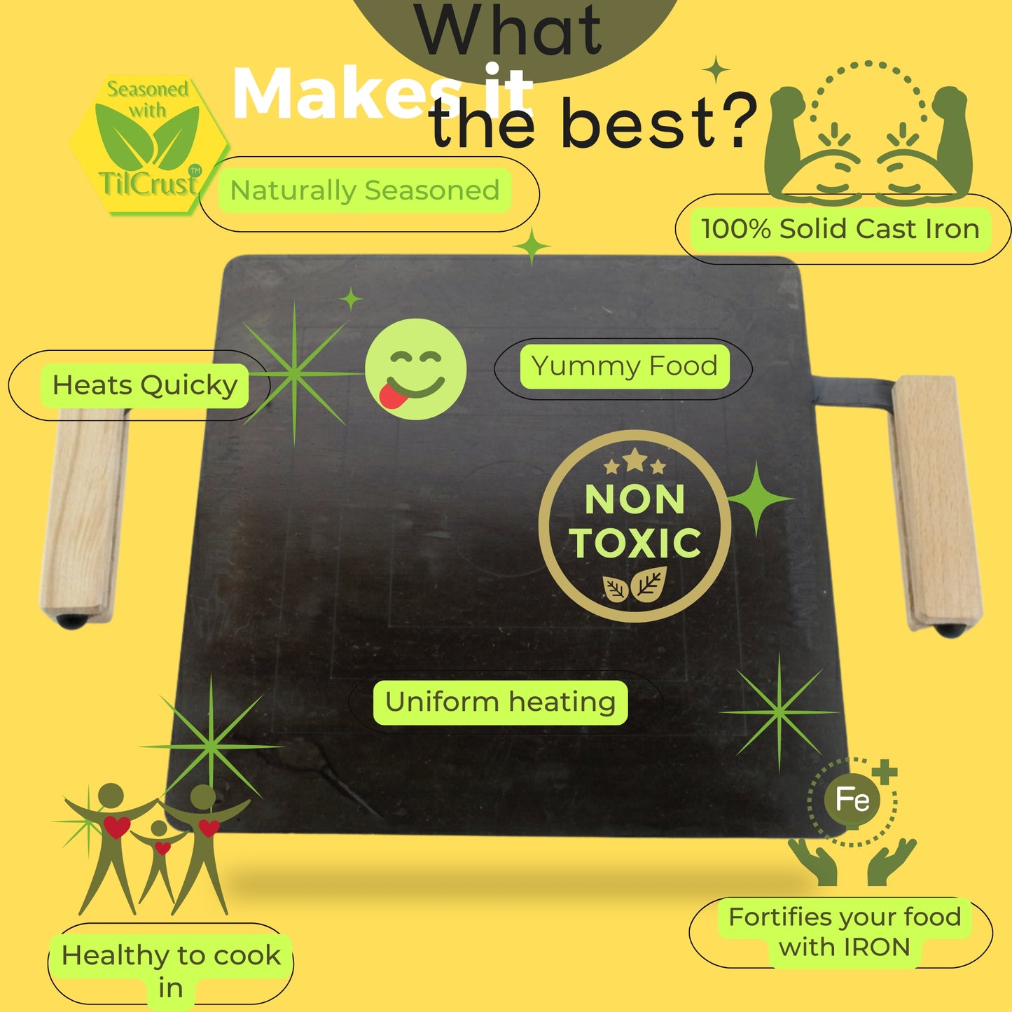 Trilonium Tejas MK2 Triple Seasoned Iron Tawa Square – 30x30 cm 3.8 Kgs | Toxin-Free, Lifetime Warranty