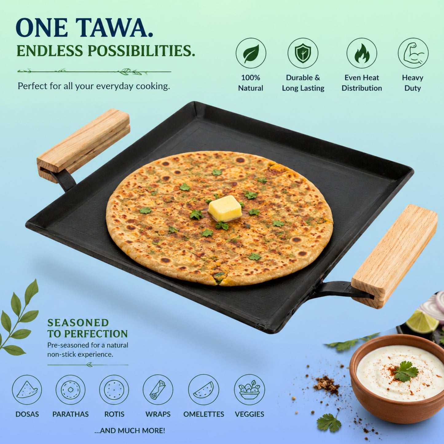 Trilonium Tejas Triple Seasoned Iron Tawa Square – 30x30 cm, Weighs 3.8 Kgs | Toxin-Free, Lifetime Warranty