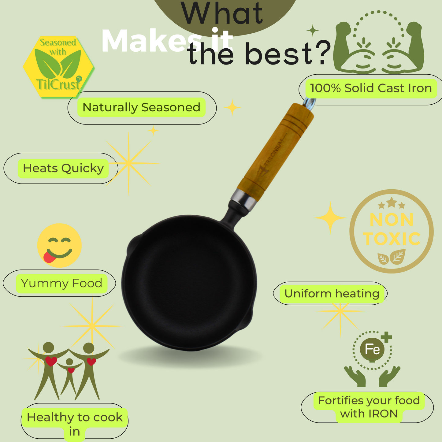 Trilonium Pre-seasoned Cast Iron Tadka Pan 13 cms | Chinese melting pot 400ml
