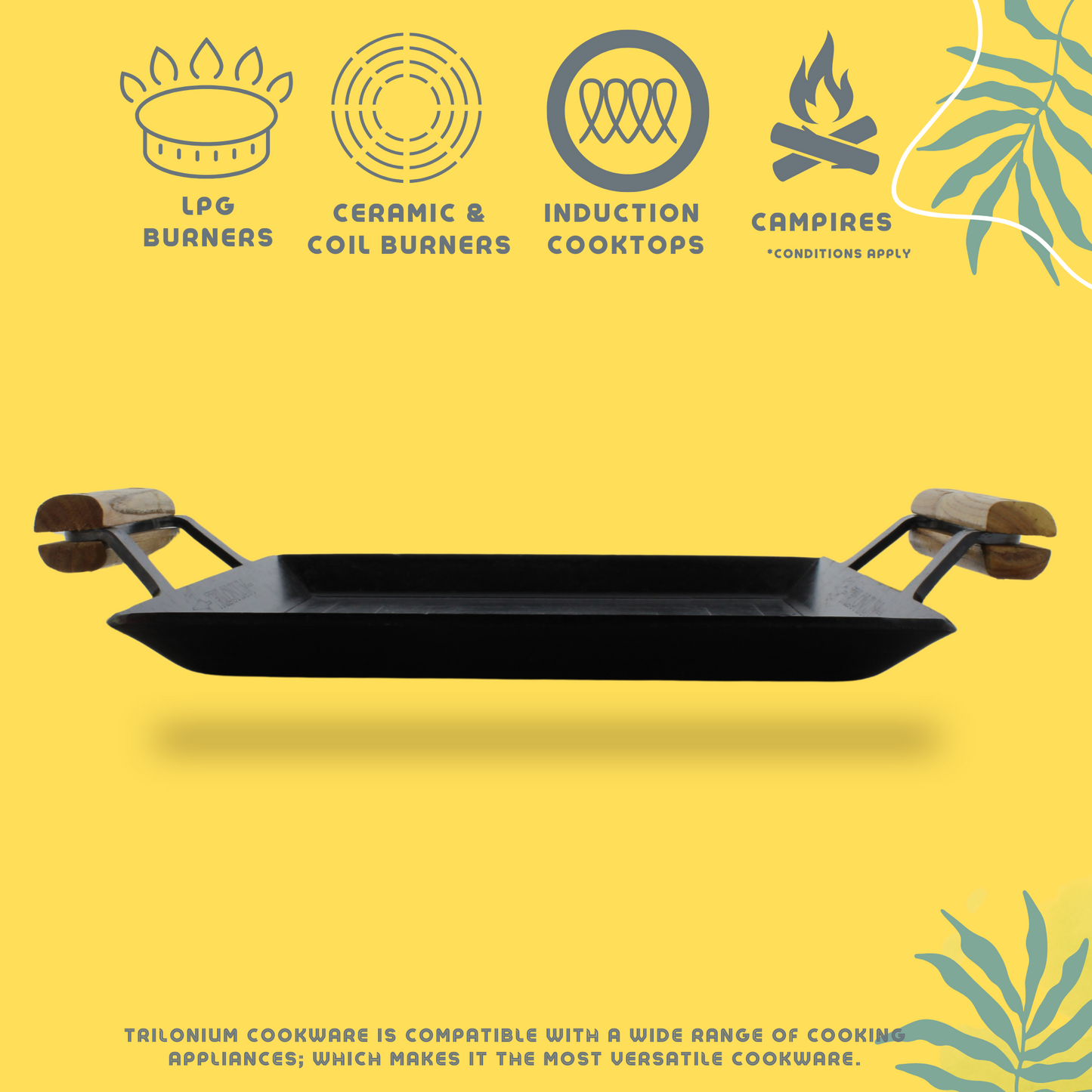 Trilonium Triple Seasoned Iron Rudra Multi Purpose Square Griddle Tawa 30x30 cms with Wooden Handles