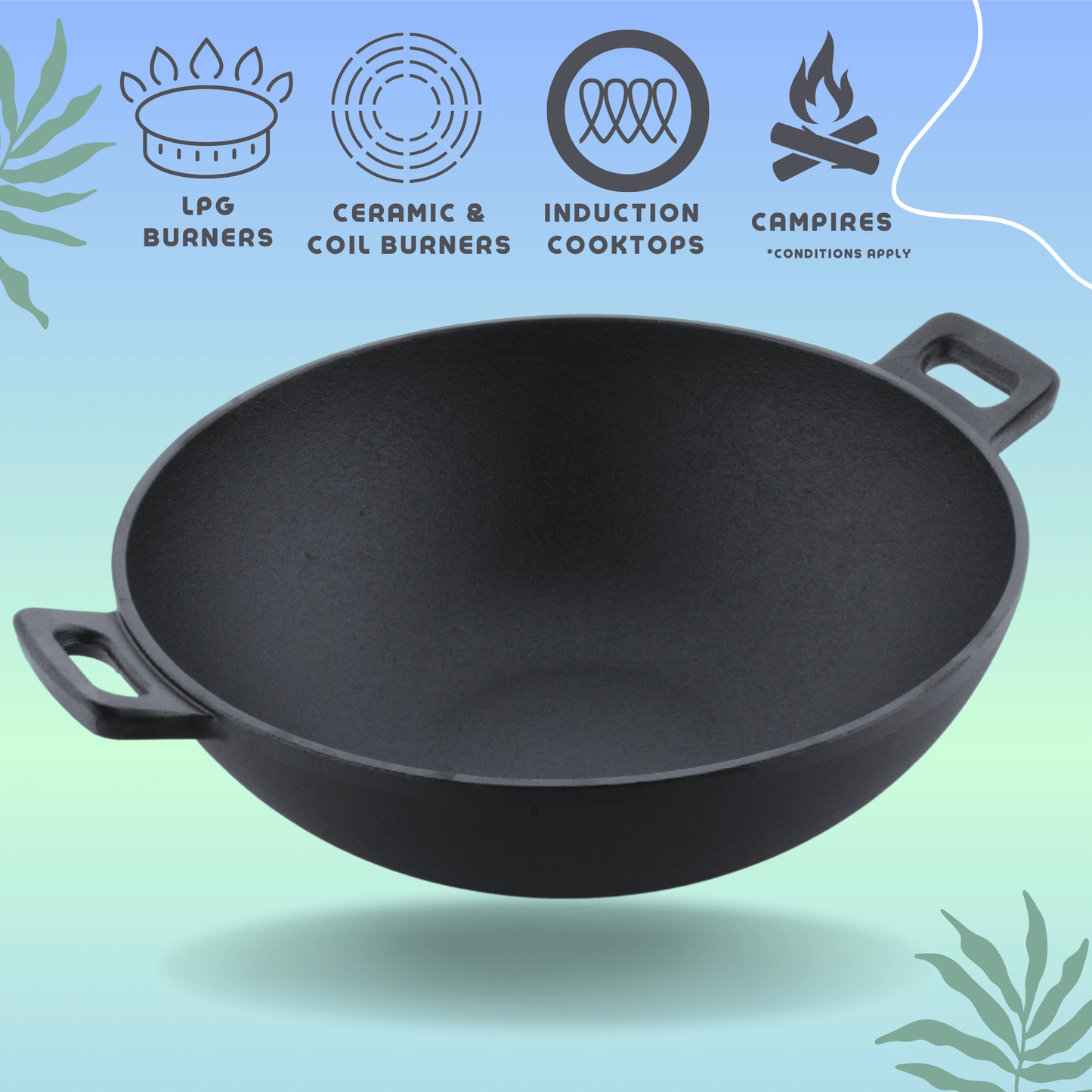 Trilonium Triple Seasoned Cast Iron Kadai 26 cm, Sleek, Capacity 3 Litres , With Toughened Glass Lid, Weighs 2.4 kgs