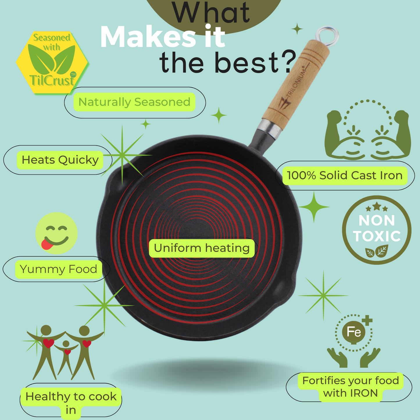Trilonium Cast Iron Wooden handle Skillet 20 cms | Pre-Seasoned with TilCrust™ | Weighs 1.2 Kgs | Induction Compatible