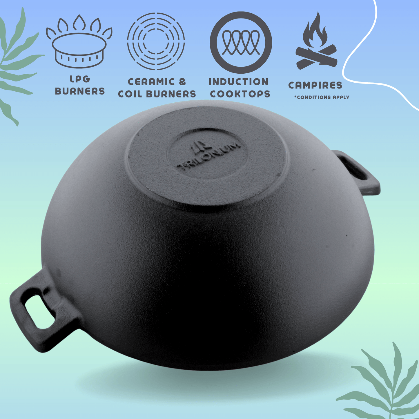 Trilonium Triple Seasoned Cast Iron Kadai 26 cm, Sleek, Capacity 3 Litres , With Toughened Glass Lid, Weighs 2.4 kgs