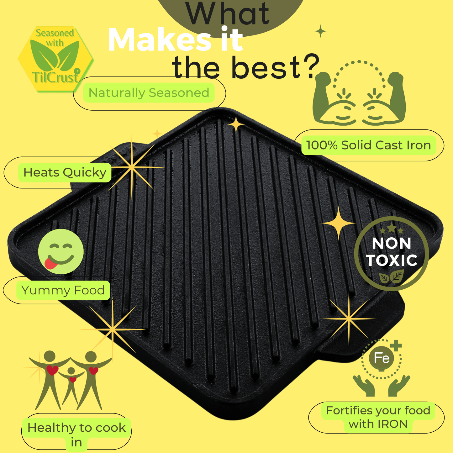Trilonium Triple-Seasoned Cast Iron Square Reversible Grill Griddle Tawa 10.5 inches