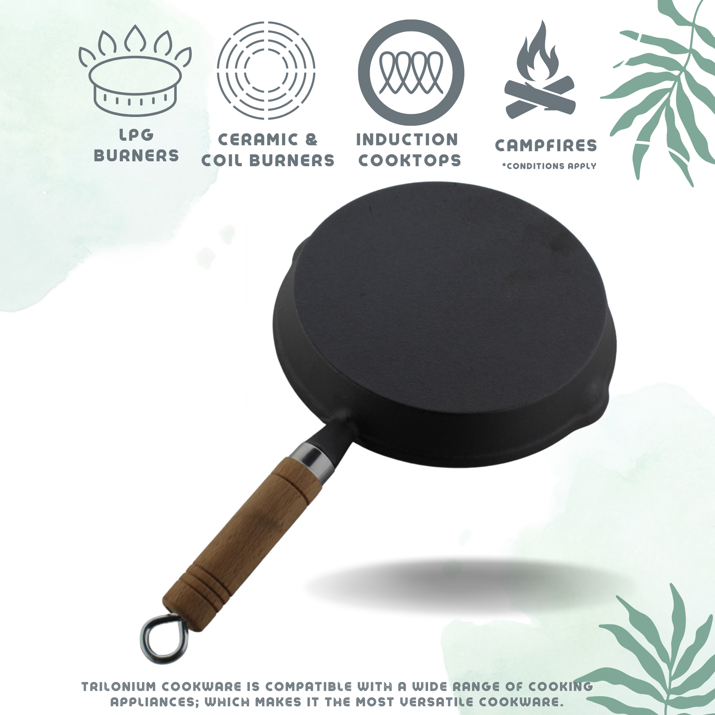Trilonium Cast Iron Wooden handle Skillet 20 cms | Pre-Seasoned with TilCrust™ | Weighs 1.2 Kgs | Induction Compatible