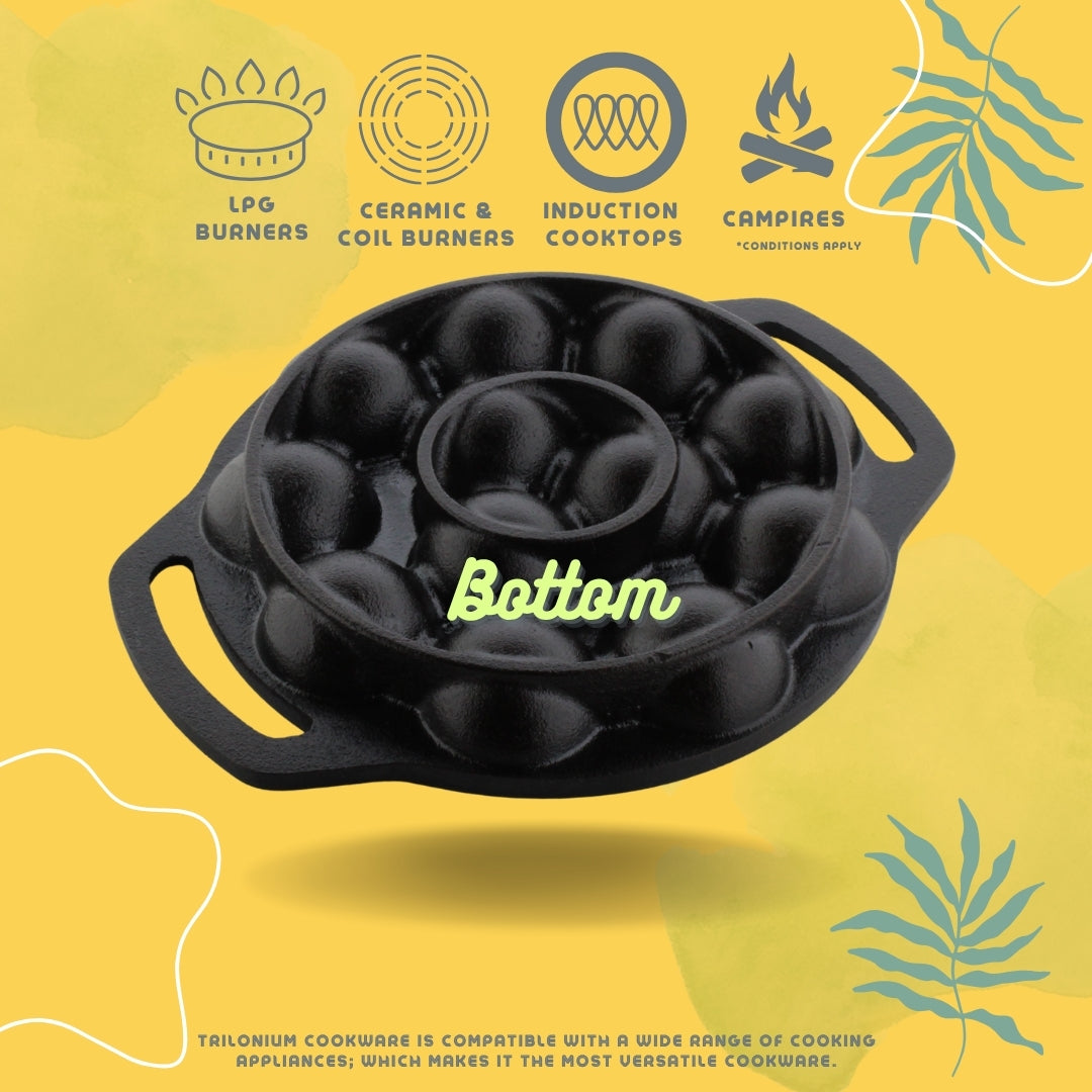 Trilonium Triple Seasoned Cast Iron 12 Pits Paniyaram Pan 8 inches