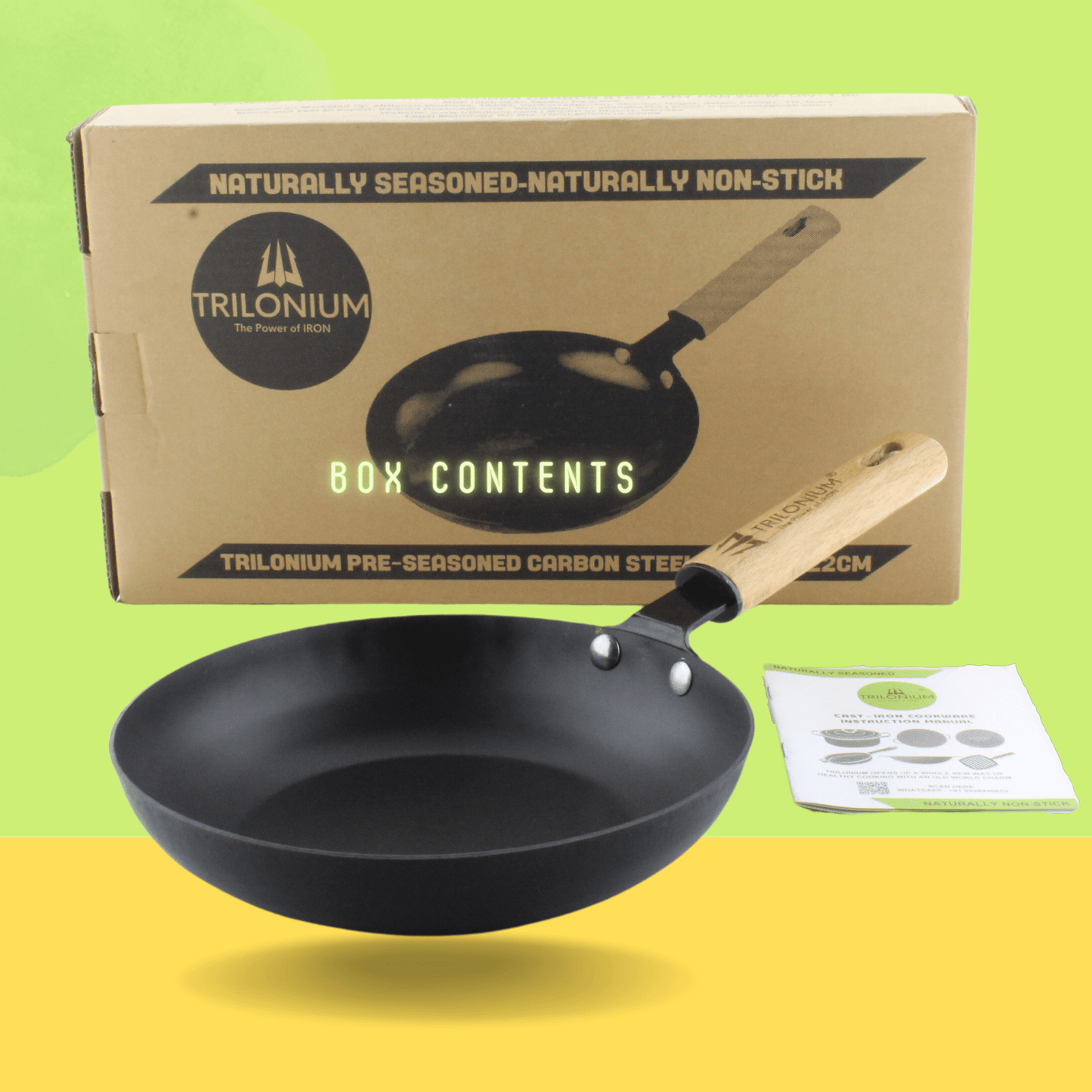 Trilonium Pre-Seasoned Carbon Steel Skillet Fry Pan 22 cms, Weighs 0.85 Kgs