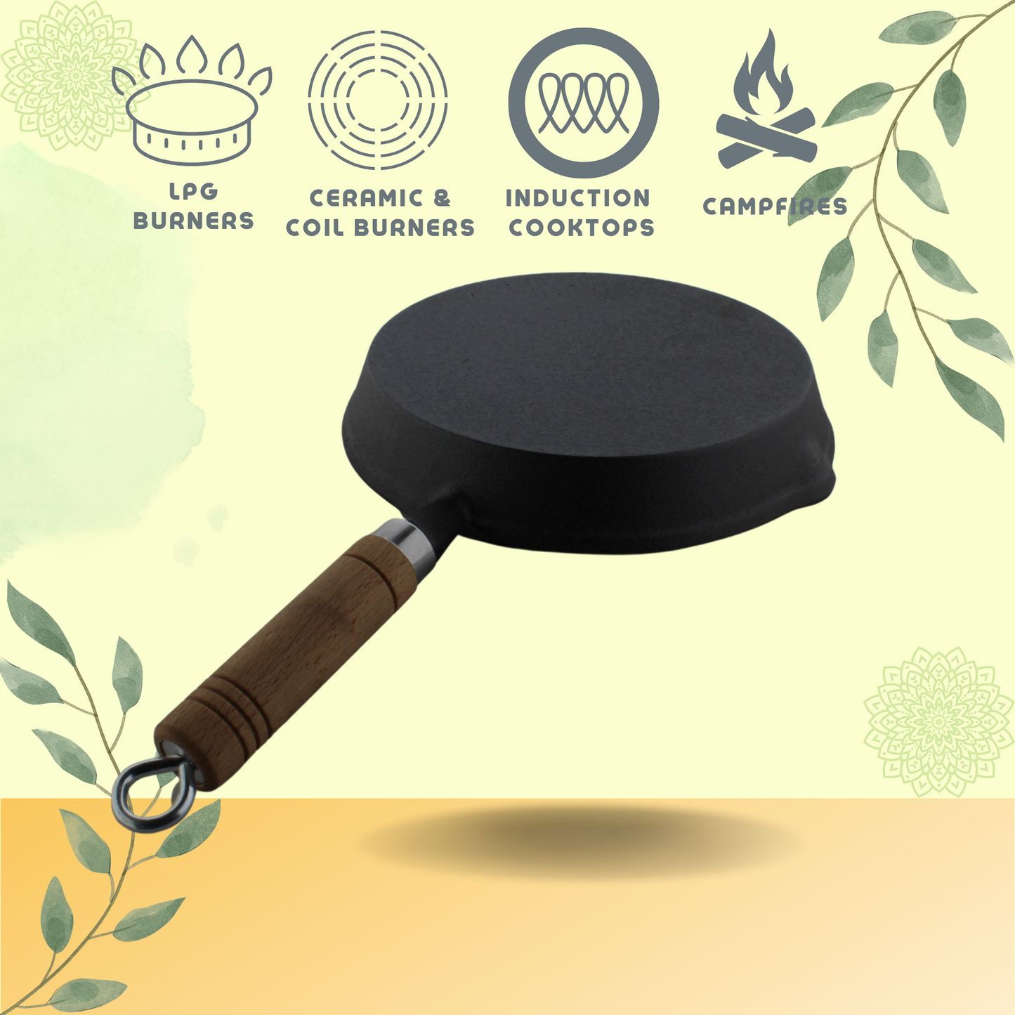 Trilonium Cast Iron Wooden handle Skillet 20 cms | Pre-Seasoned with TilCrust™ | Weighs 1.2 Kgs | Induction Compatible
