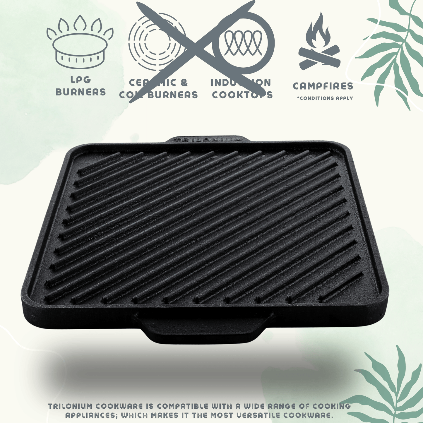 Trilonium Triple-Seasoned Cast Iron Square Reversible Grill Griddle Tawa 10.5 inches