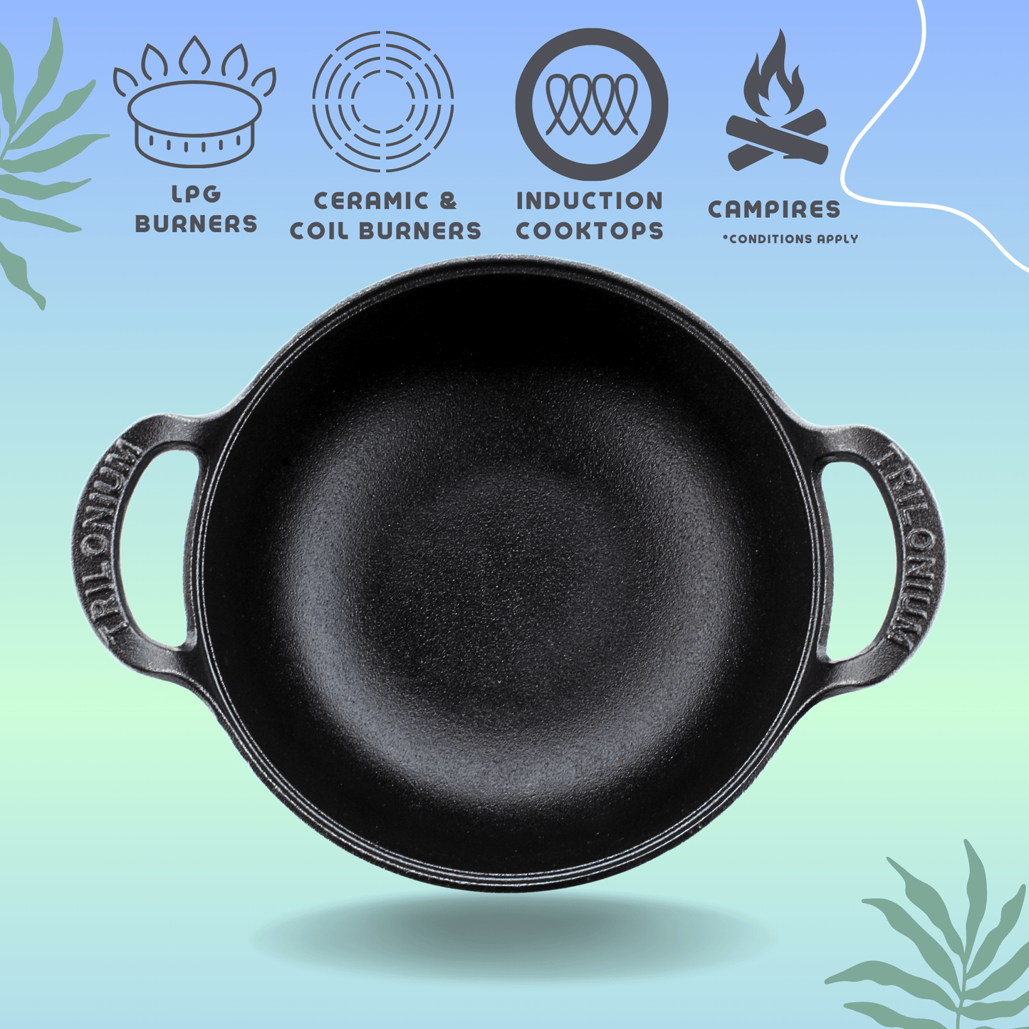 Trilonium Triple Seasoned Cast Iron CrockWok Kadhai 24 cms, 2.2 kgs