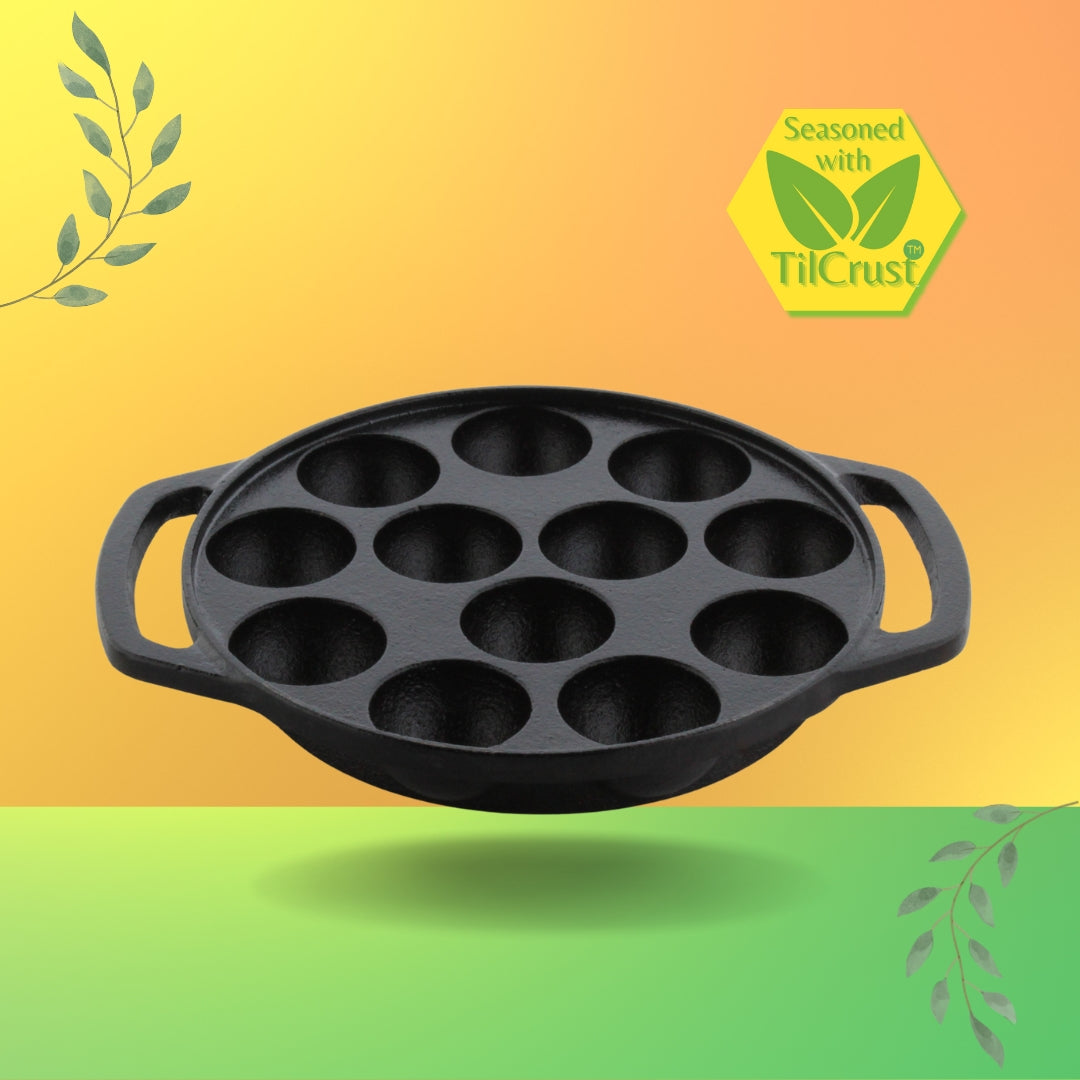 Trilonium Triple Seasoned Cast Iron 12 Pits Paniyaram Pan 8 inches