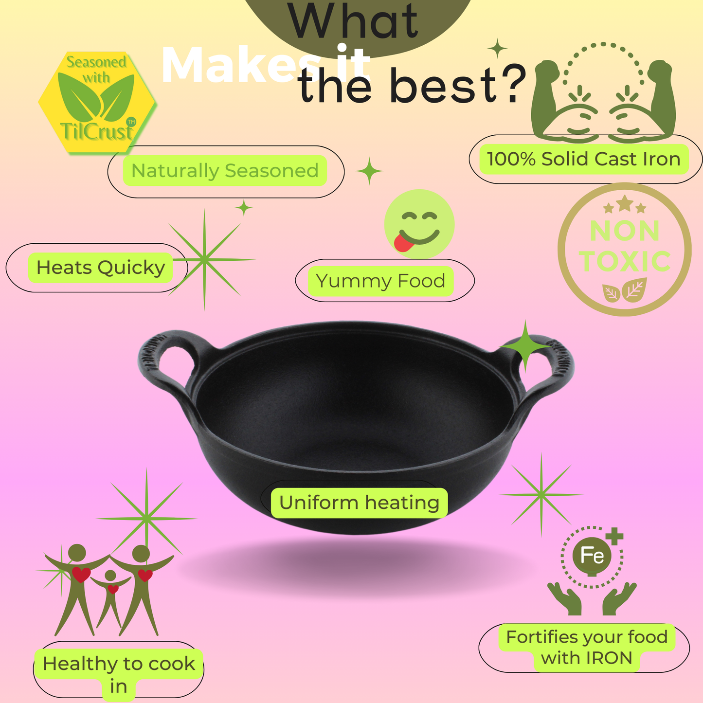 Trilonium Triple Seasoned Cast Iron CrockWok Mini Kadhai 20 cms, 1.2 kgs with Lid