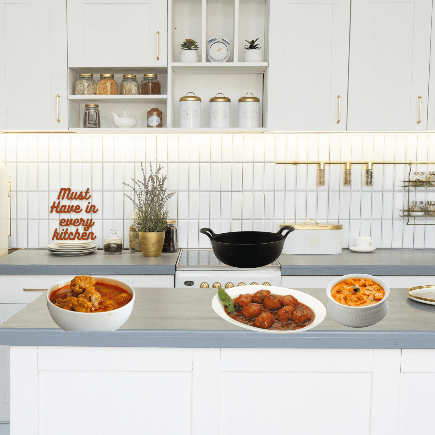 Trilonium Triple Seasoned Cast Iron CrockWok Kadhai 24 cms, 2.2 kgs with Lid