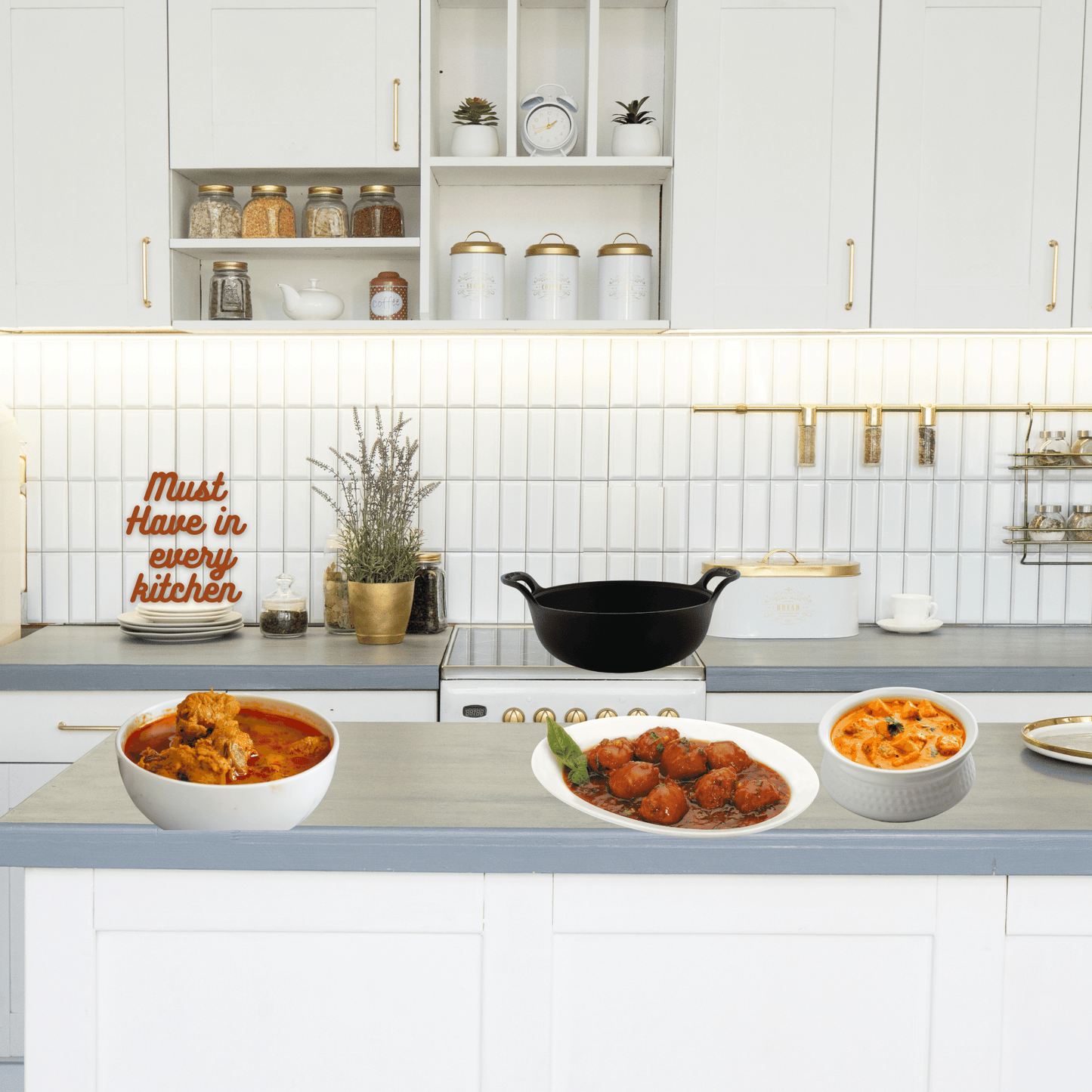 Trilonium Triple Seasoned Cast Iron CrockWok Kadhai 24 cms, 2.2 kgs with Lid