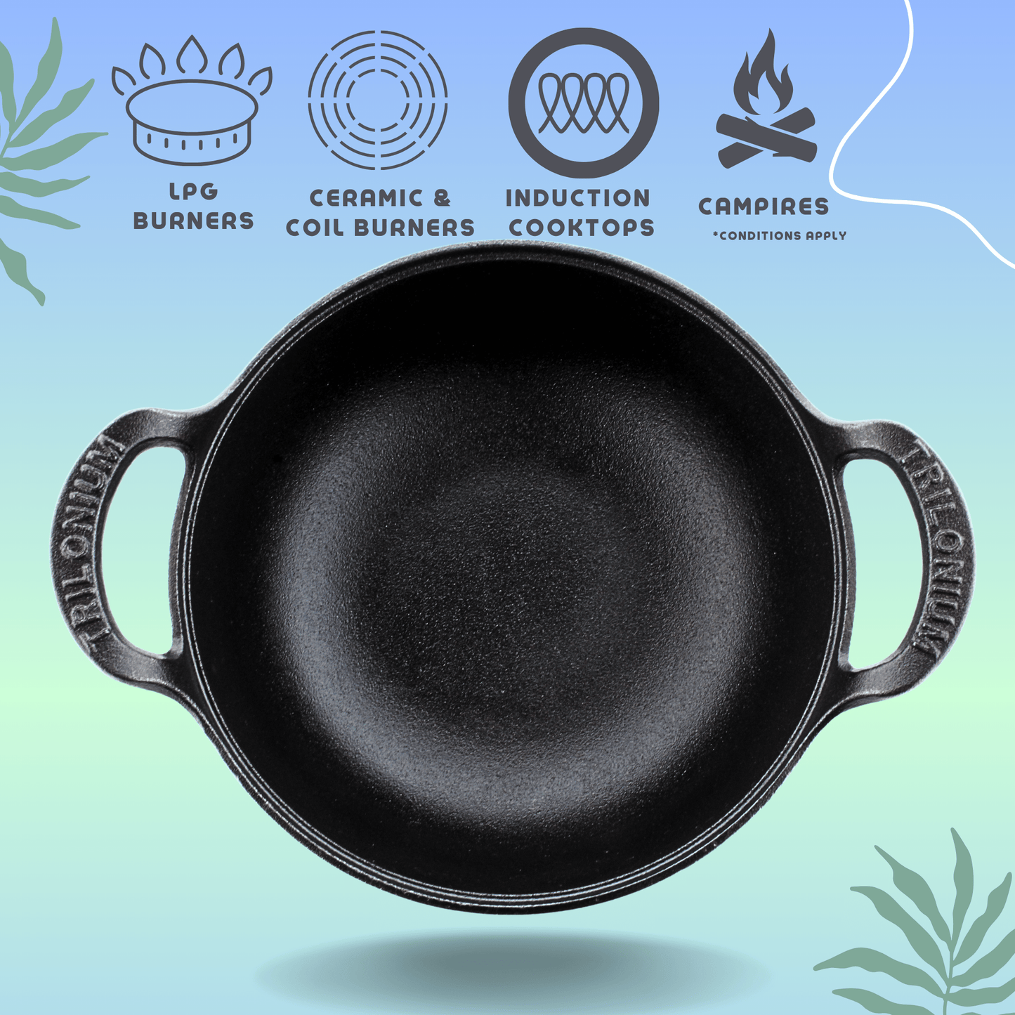 Trilonium Triple Seasoned Cast Iron CrockWok Kadhai 30 cms, 3.7 kgs With Lid