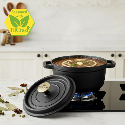 Trilonium Pre-Seasoned Cast Iron Dutch Oven Pot, Casserole, Biryani Pot, Cooking Pot, 22cm, 3 Litres, 3.7 Kgs