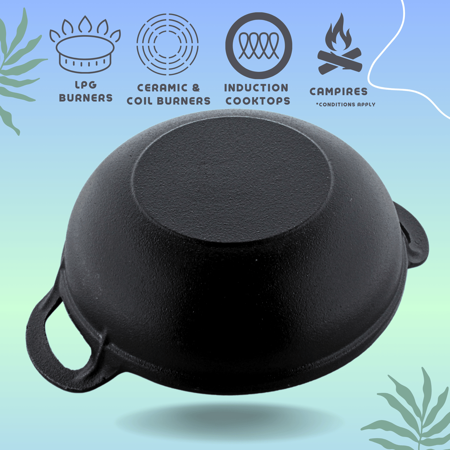 Trilonium Triple Seasoned Cast Iron CrockWok Kadhai 30 cms, 3.7 kgs With Lid