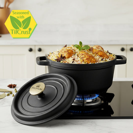 Trilonium Pre-Seasoned Cast Iron Dutch Oven Pot, Casserole, Biryani Pot, Cooking Pot, 24cm