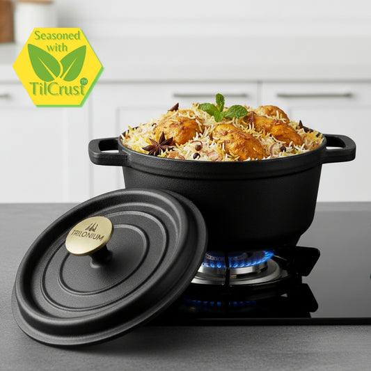 Trilonium Pre-Seasoned Cast Iron Dutch Oven Pot, Casserole, Biryani Pot, Cooking Pot, 26cm