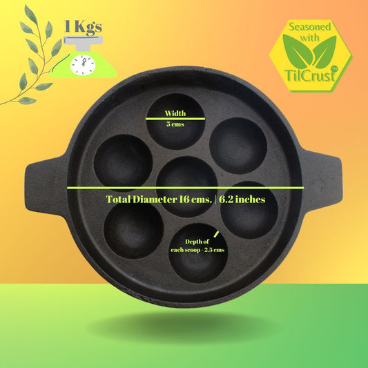 Trilonium Triple Seasoned Cast Iron 7 Pits Paniyaram Pan with Lid 16 cms