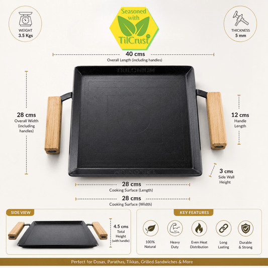 Trilonium Tejas Triple Seasoned Iron Tawa Square – 28x28 cm, Weighs 3.5 Kgs | Toxin-Free, Lifetime Warranty