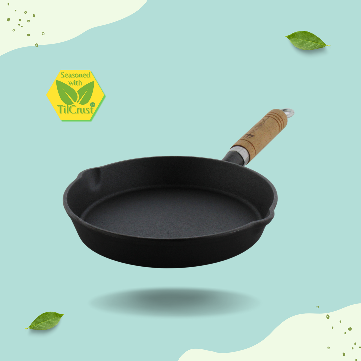 Trilonium Cast Iron Wooden handle Skillet 20 cms | Pre-Seasoned with TilCrust™ | Weighs 1.2 Kgs | Induction Compatible