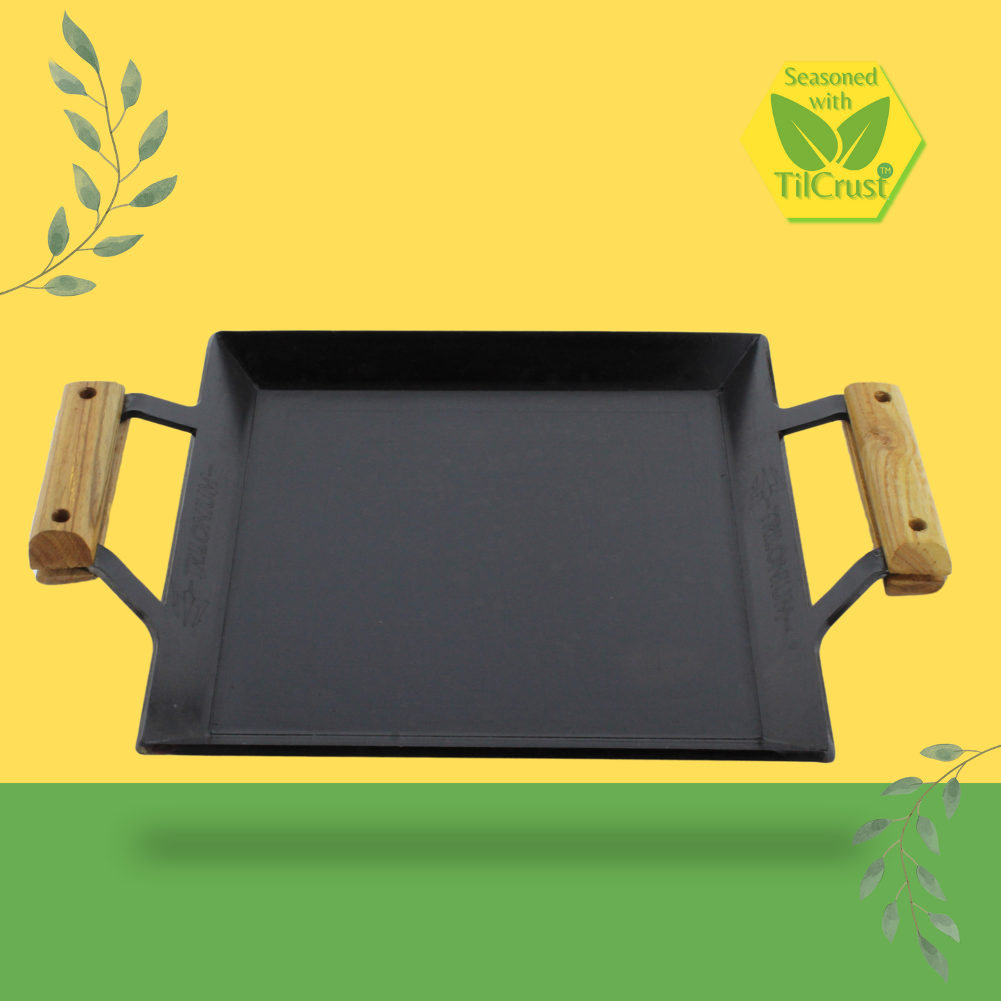 Trilonium Triple Seasoned Iron Rudra Multi Purpose Square Griddle Tawa 30x30 cms with Wooden Handles