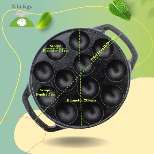 Trilonium Triple Seasoned Cast Iron 12 Pits Paniyaram Pan 8 inches