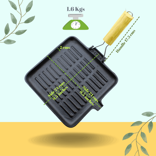 Cast Iron Grill Pan with Foldable Handle | Pre-Seasoned | 24cm | 1.5 Kgs | Square | Induction Compatible