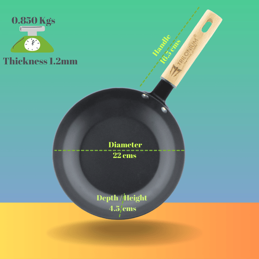 Trilonium Pre-Seasoned Carbon Steel Skillet Fry Pan 22 cms, Weighs 0.85 Kgs