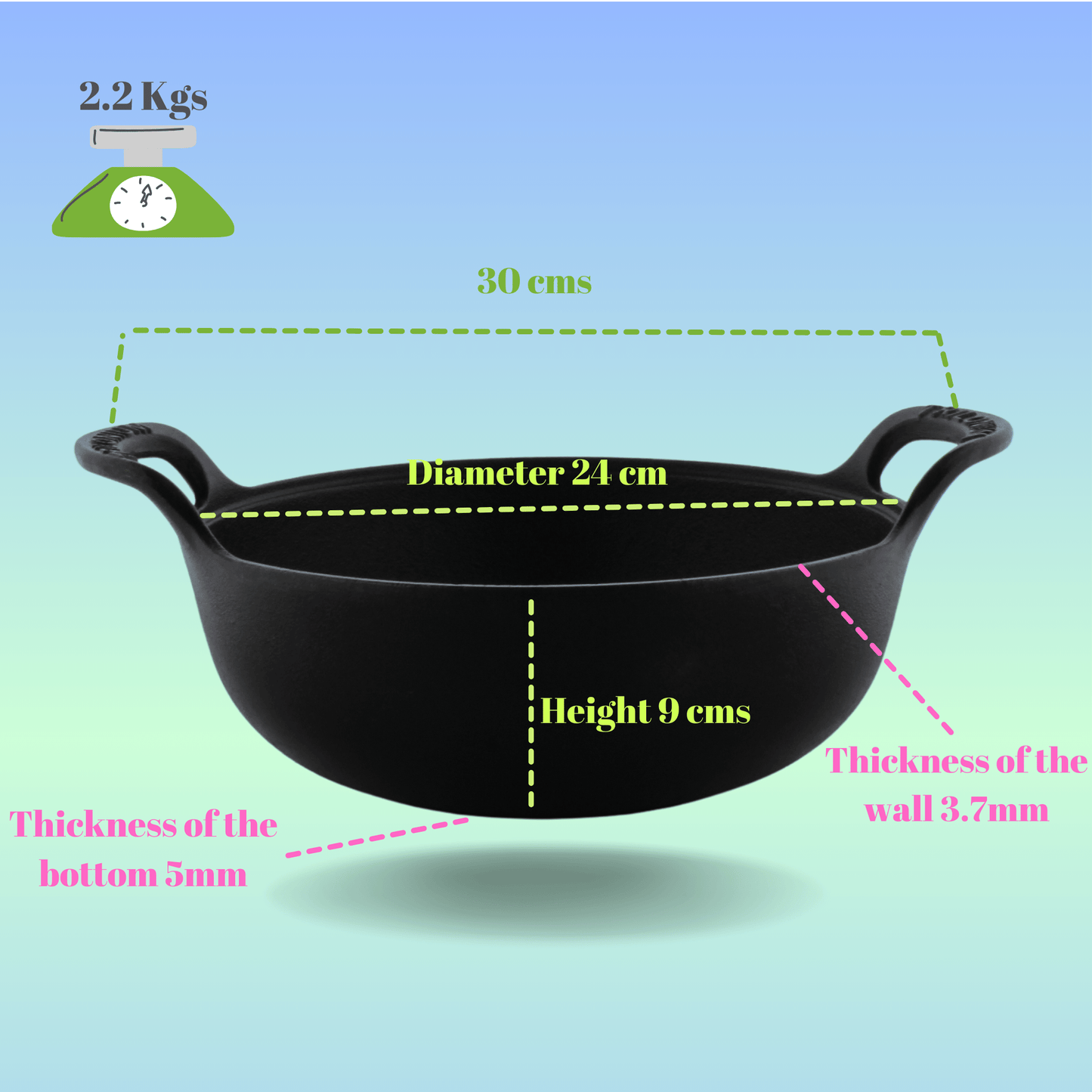 Trilonium Triple Seasoned Cast Iron CrockWok Kadhai 24 cms, 2.2 kgs