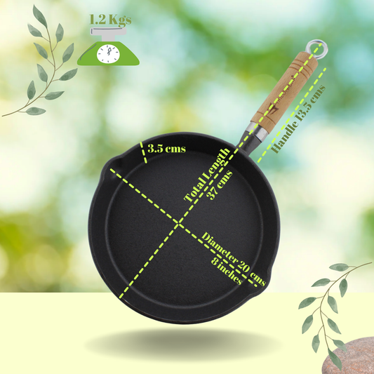 Trilonium Cast Iron Wooden handle Skillet 20 cms | Pre-Seasoned with TilCrust™ | Weighs 1.2 Kgs | Induction Compatible