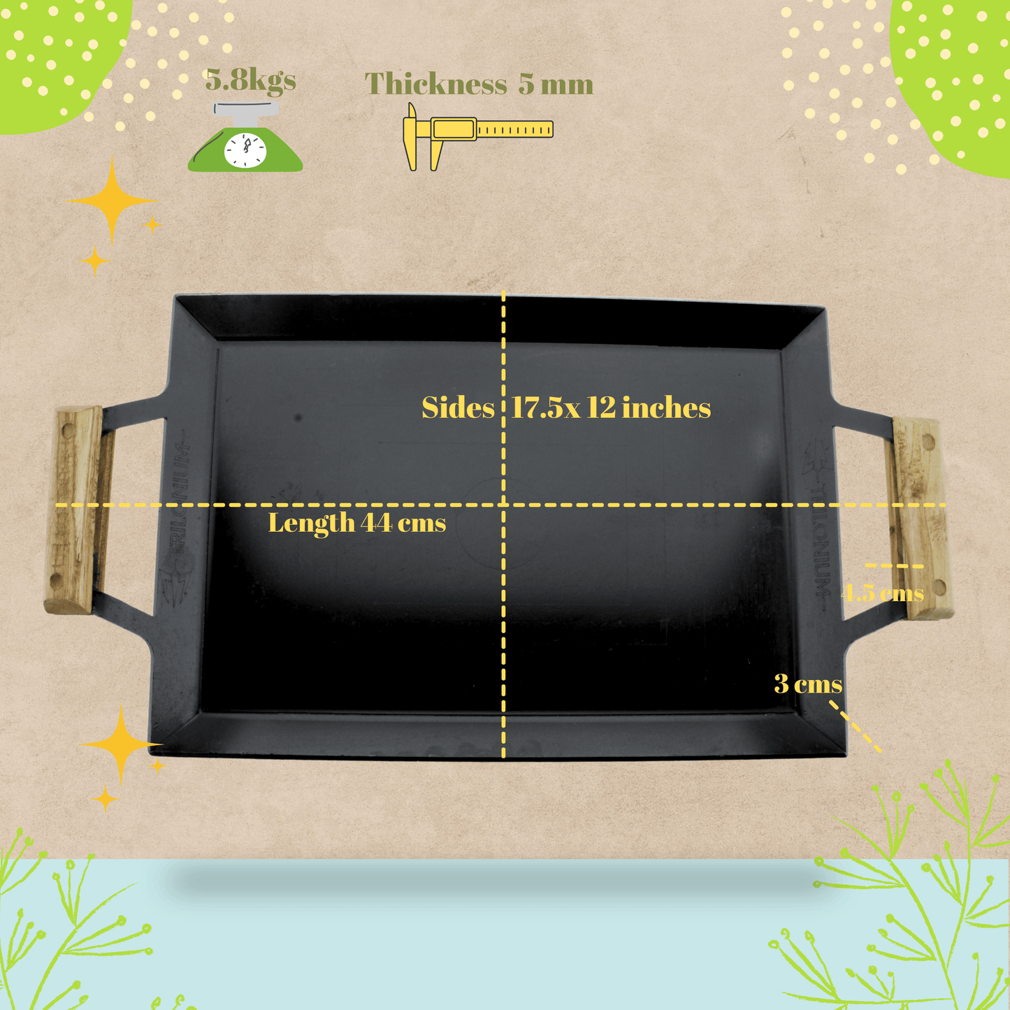 Trilonium Triple Seasoned Iron Rudra Multi Purpose Rectangular Griddle Tawa 44 x 30 cms with Wooden Handles