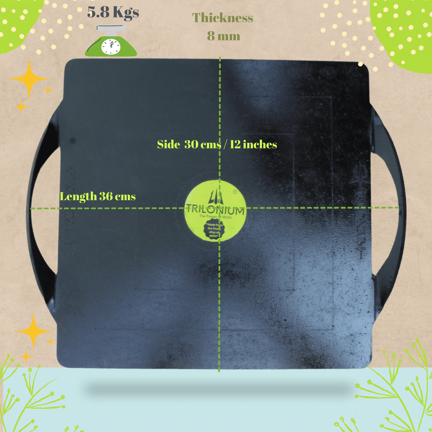 Trilonium Triple-Seasoned Iron Boulder Square Griddle pathri Tawa 30 x 30 cms , Ultra Smooth, Weights 5.8 Kgs