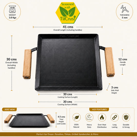 Trilonium Tejas Triple Seasoned Iron Tawa Square – 30x30 cm, Weighs 3.8 Kgs | Toxin-Free, Lifetime Warranty
