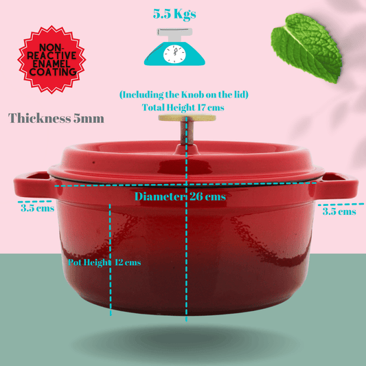 Trilonium Enamel Cast Iron Dutch Oven Biryani Pot 26 cms, 5.2L, 5.5 Kgs