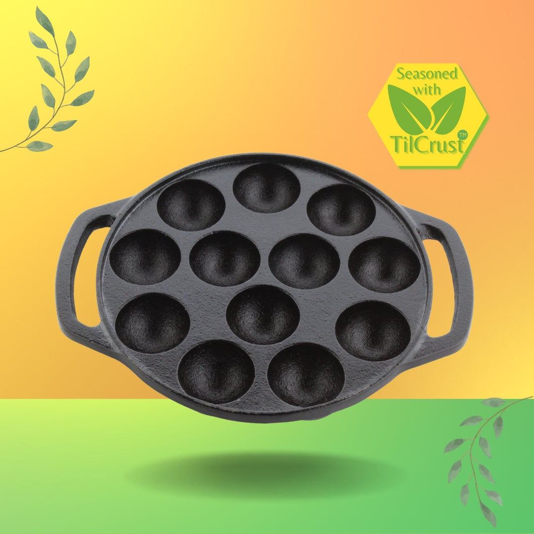 Trilonium Triple Seasoned Cast Iron 12 Pits Paniyaram Pan 8 inches