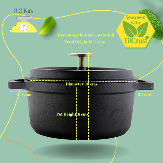 Trilonium Pre-Seasoned Cast Iron Dutch Oven Pot, Casserole, Biryani Pot, Cooking Pot, 20cm
