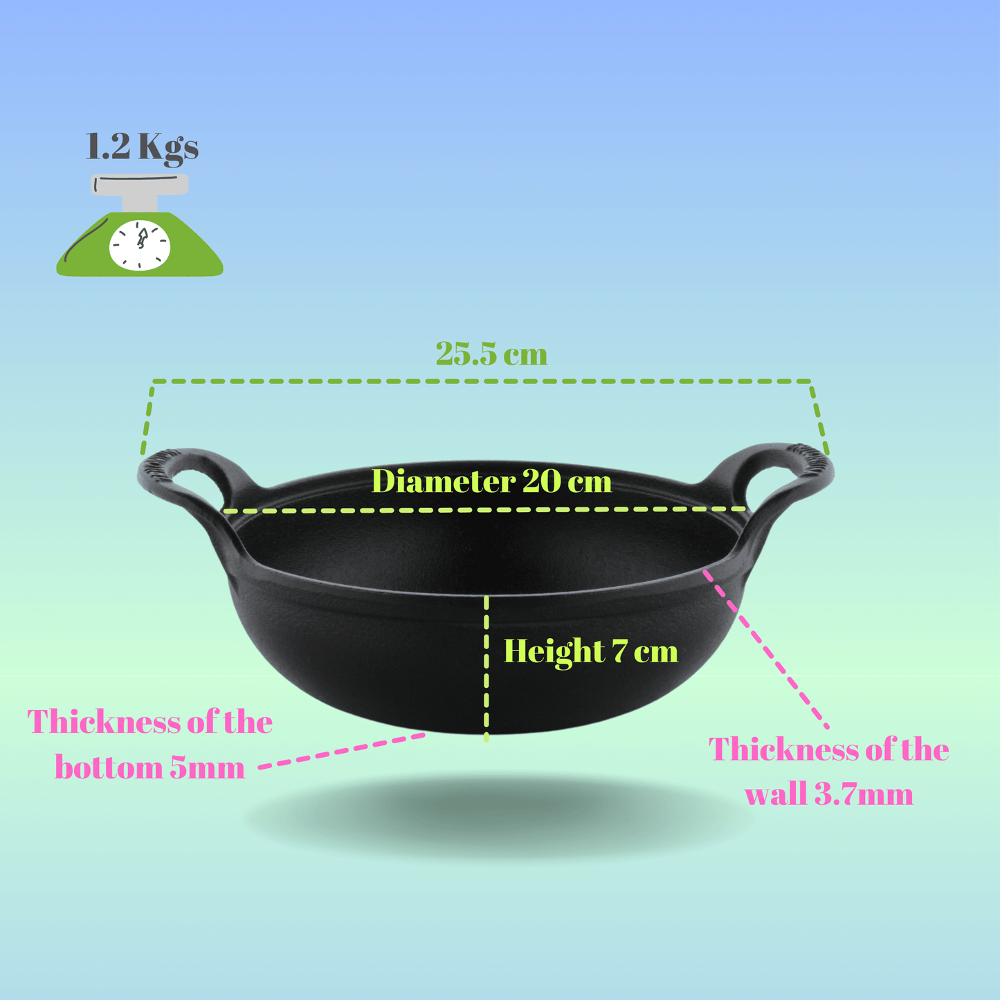 Trilonium Triple Seasoned Cast Iron CrockWok Mini Kadhai 20 cms, 1.2 kgs