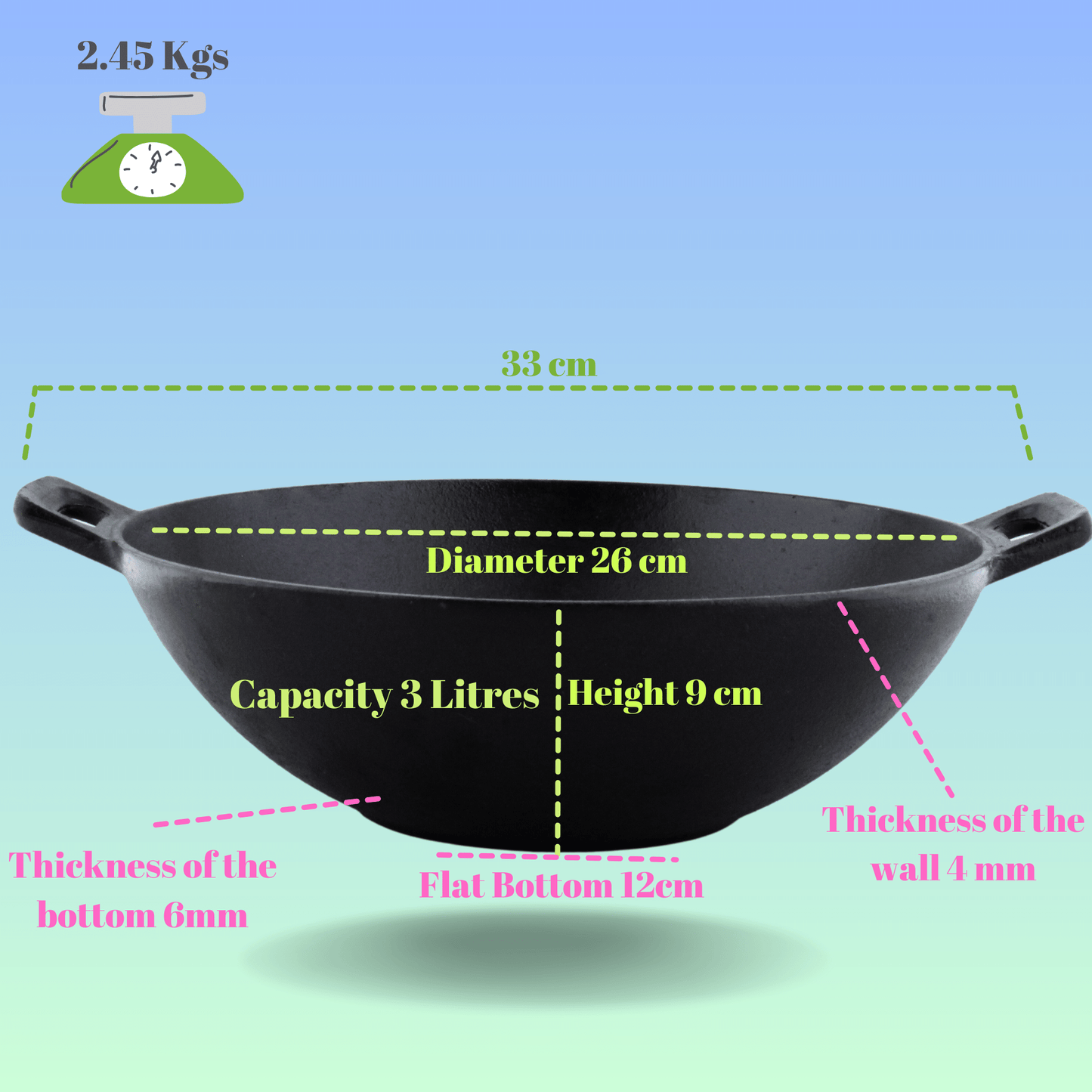 Trilonium Triple Seasoned Cast Iron Kadai 26 cm, Sleek, Capacity 3 Litres , With Toughened Glass Lid, Weighs 2.4 kgs