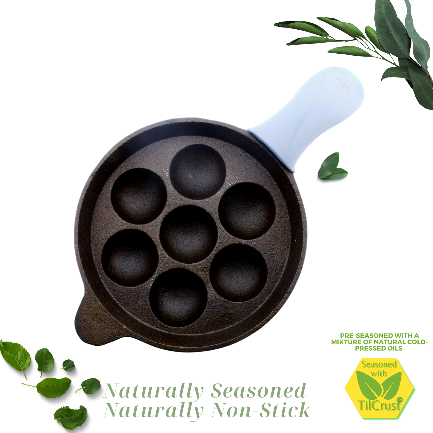 Cast Iron Paniyaram Pan 7 Pits | Pre-Seasoned | 7.6 Inches | 2 Kgs | Long Handle | with Silicone Sleeve | Induction Compatible