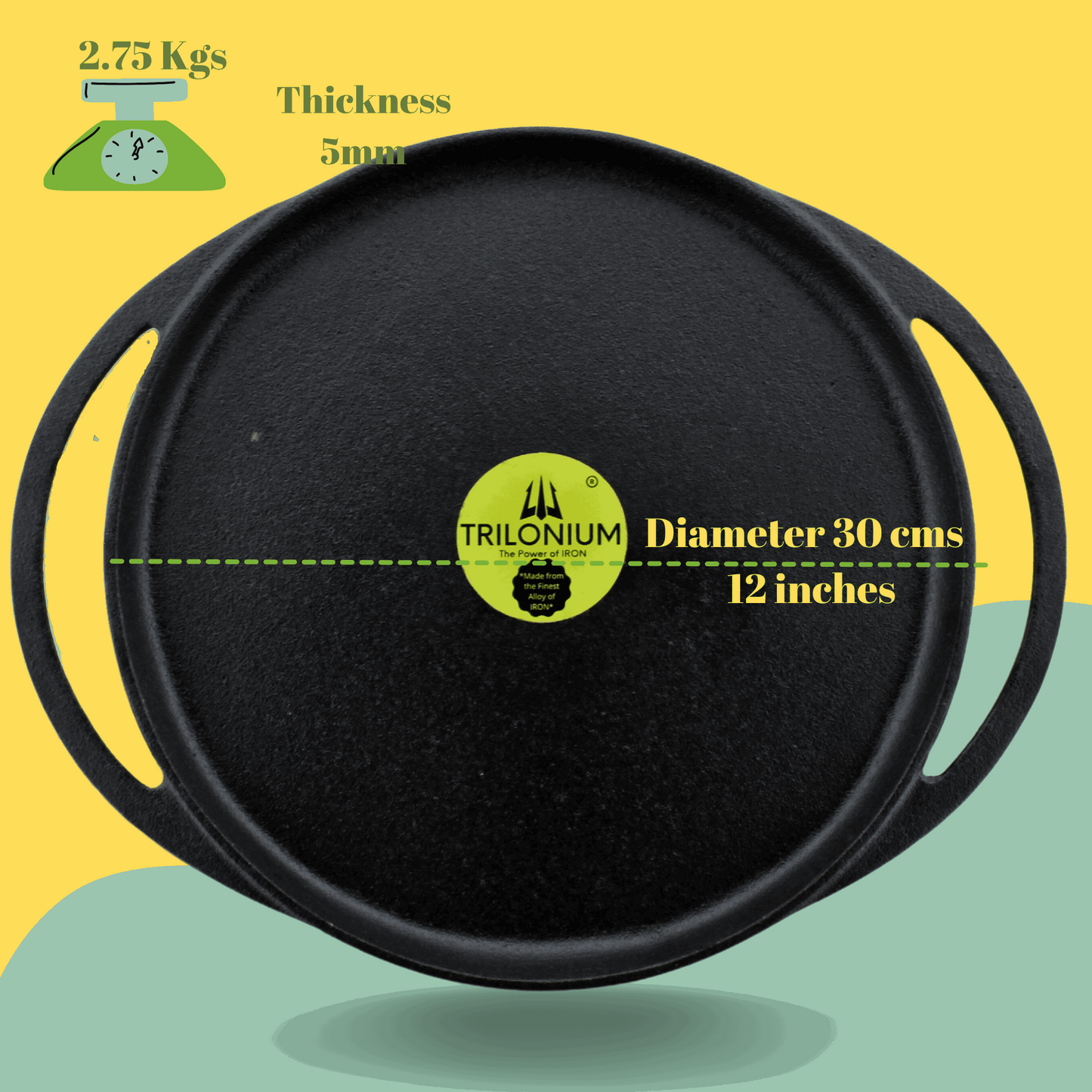 Trilonium Pre-Seasoned Cast Iron Dosa Tawa, Infinity 2.0, Diameter 12 inches, Weighs 2.75 Kgs