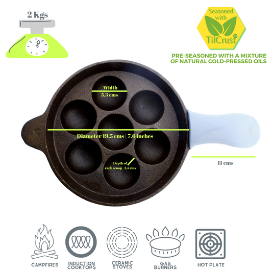 Cast Iron Paniyaram Pan 7 Pits | Pre-Seasoned | 7.6 Inches | 2 Kgs | Long Handle | with Silicone Sleeve | Induction Compatible
