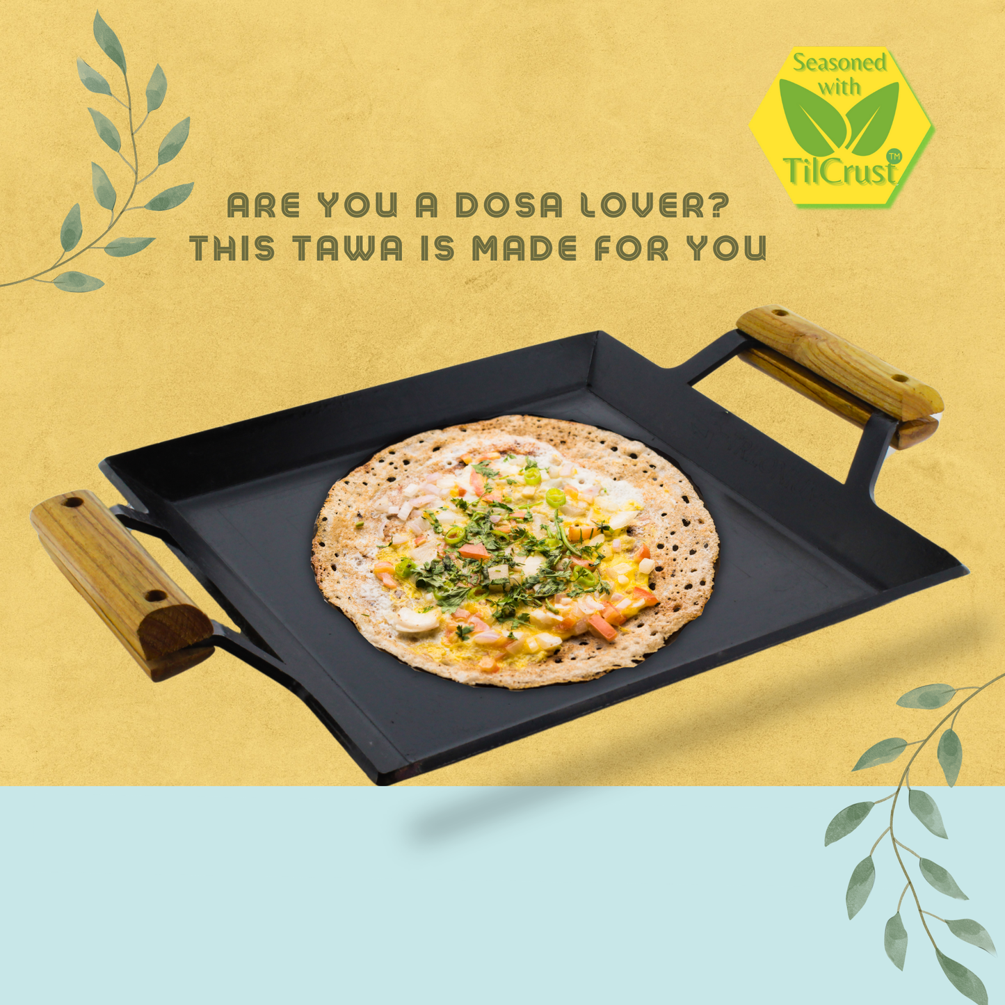 Trilonium Triple Seasoned Iron Rudra Multi Purpose Square Griddle Tawa 30x30 cms with Wooden Handles