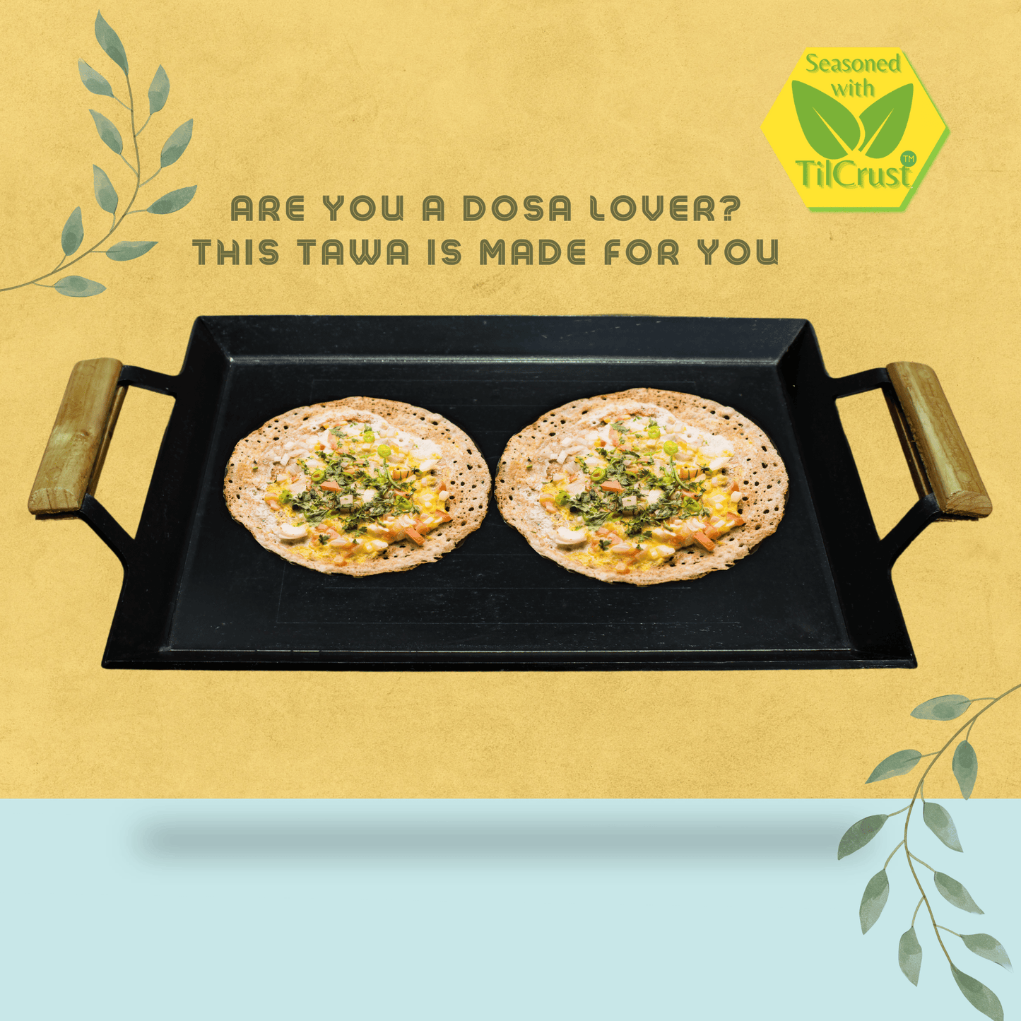 Trilonium Triple Seasoned Iron Rudra Multi Purpose Rectangular Griddle Tawa 44 x 30 cms with Wooden Handles