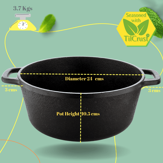 Trilonium Pre-Seasoned Cast Iron Dutch Pot, Casserole, Biryani Pot, Cooking Pot with Glass lid, 24cm, 3.5 Litres, 3.7 Kgs