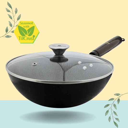 Trilonium Carbon Steel Chinese Wok 26 cms with Toughened Glass Lid