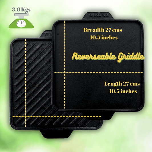 Trilonium Triple-Seasoned Cast Iron Square Reversible Grill Griddle Tawa 10.5 inches