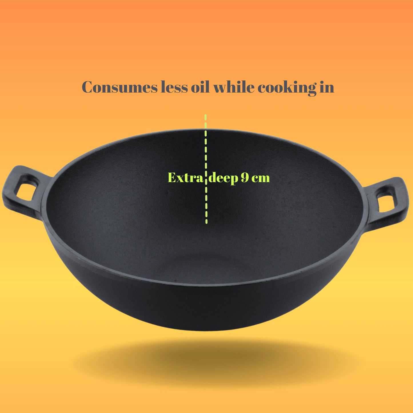 Trilonium Triple Seasoned Cast Iron Kadai 26 cm, Sleek, Capacity 3 Litres , With Toughened Glass Lid, Weighs 2.4 kgs